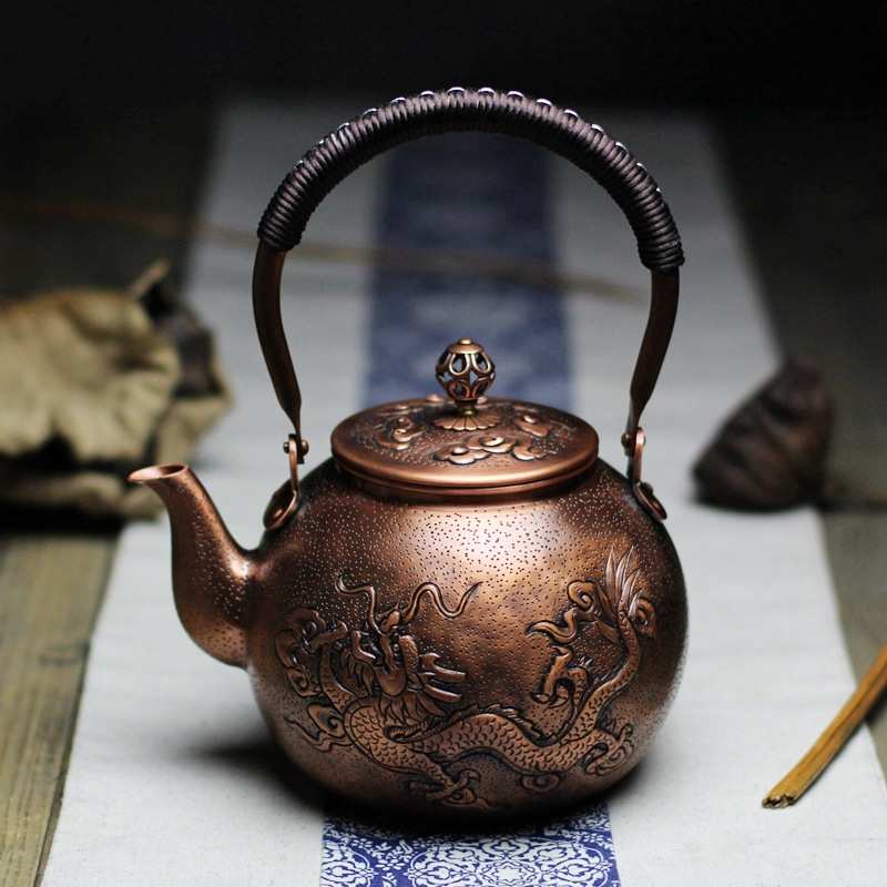 昆吾山【大师-龙凤呈祥】手工錾刻紫铜壶收藏级高品质工艺品茶壶