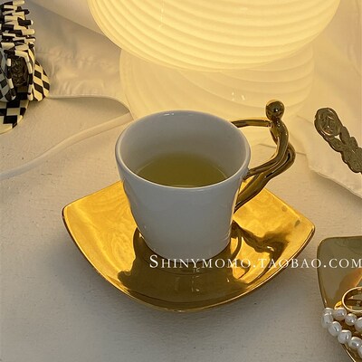 Shinymomo法式陶瓷咖啡杯碟小众复古金人把手高级感饮具