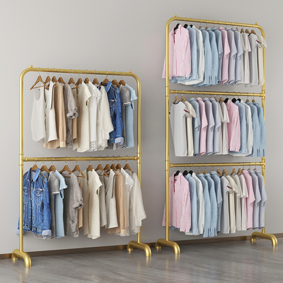 升降置地晾衣架上下多层卧室内家用简易落地挂衣杆金色折叠凉晒架