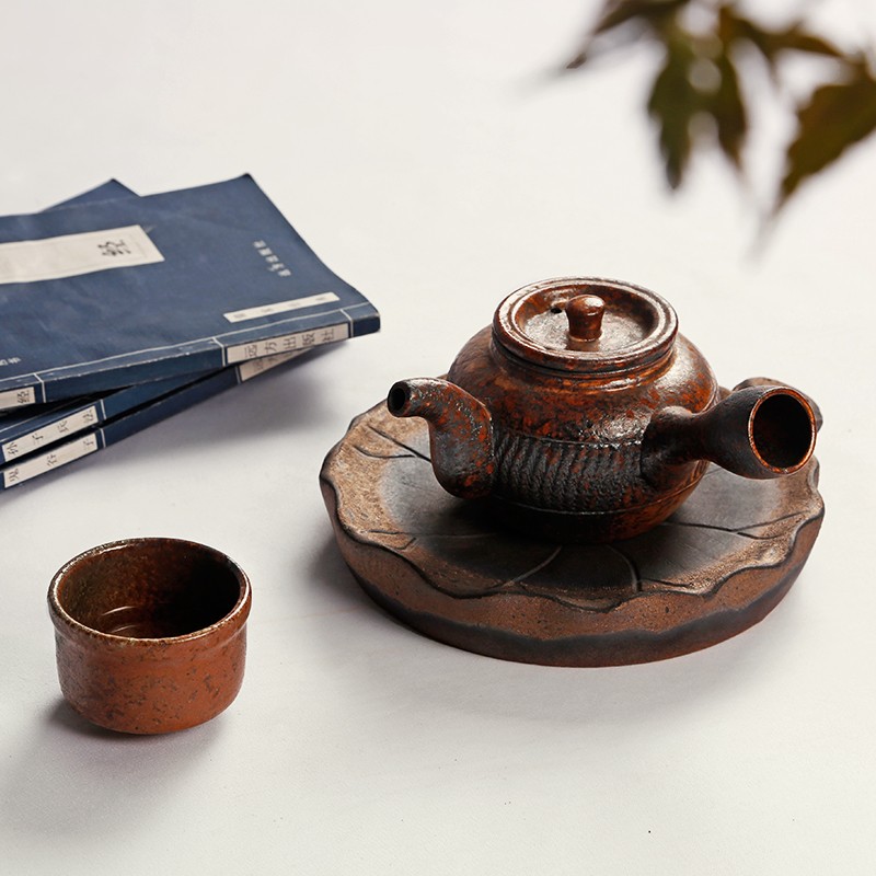 日式柴烧泡茶台托盘粗陶干泡台茶盘小壶承陶瓷圆形储水式迷你家用