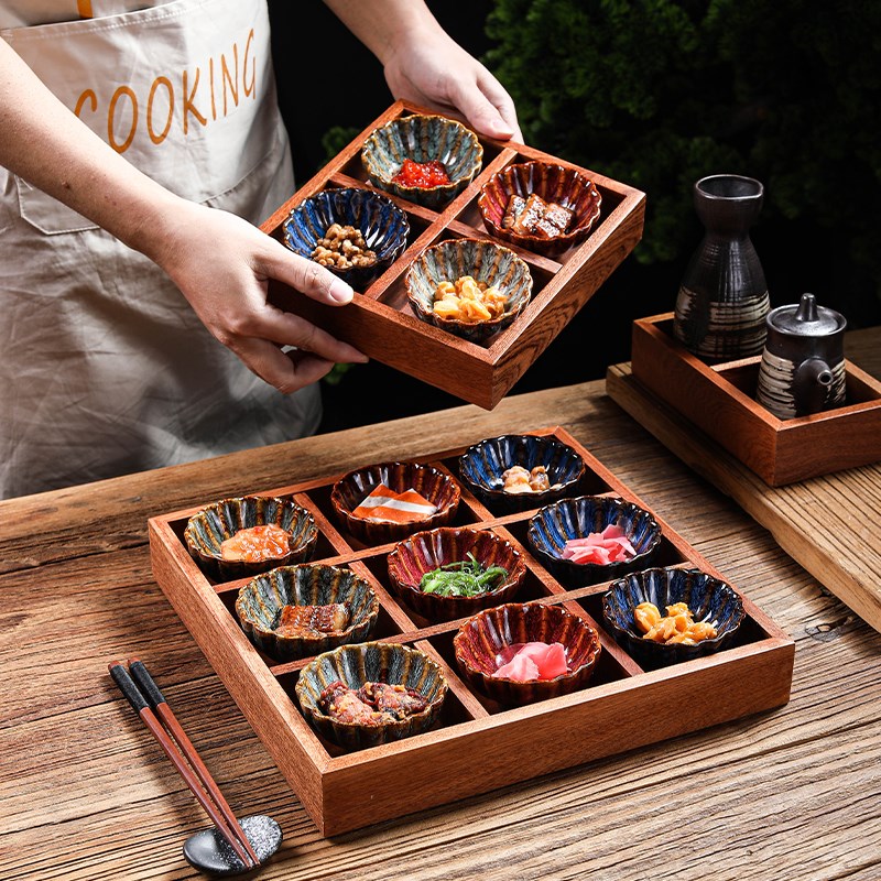 创意火锅拼盘菜盘九宫格托盘日式小吃盘餐具烤肉盘子竹木分格餐盘