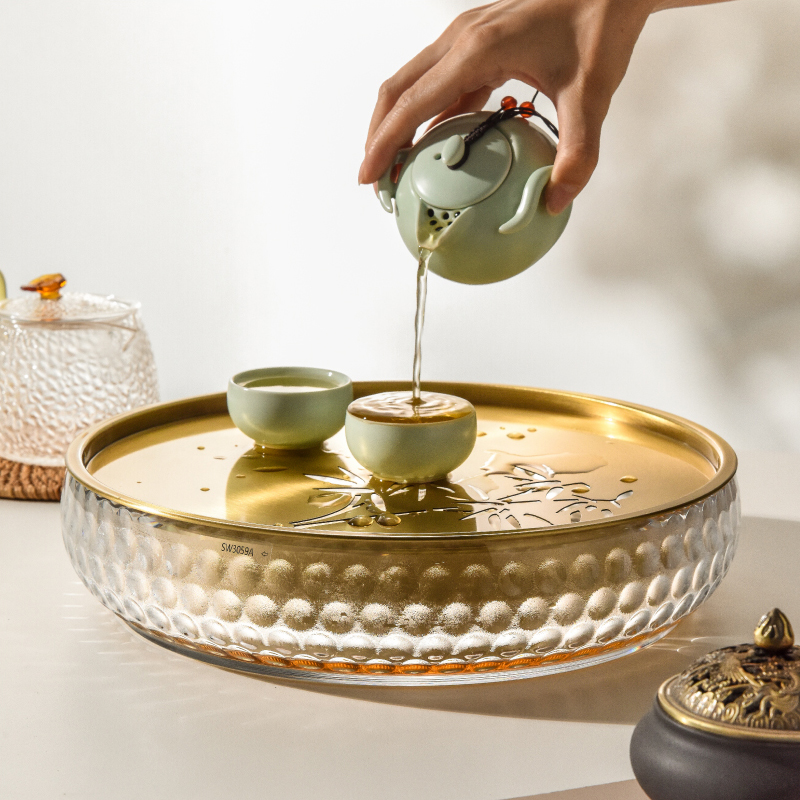 纯铜茶盘轻奢现代家用小型沥水茶台透明功夫茶具简约防摔办公室用