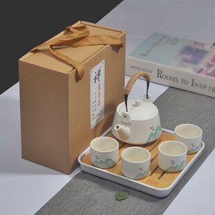 家用陶瓷一壶四杯手绘提梁壶小茶盘茶台蓄水旅行礼品 整套茶具套装