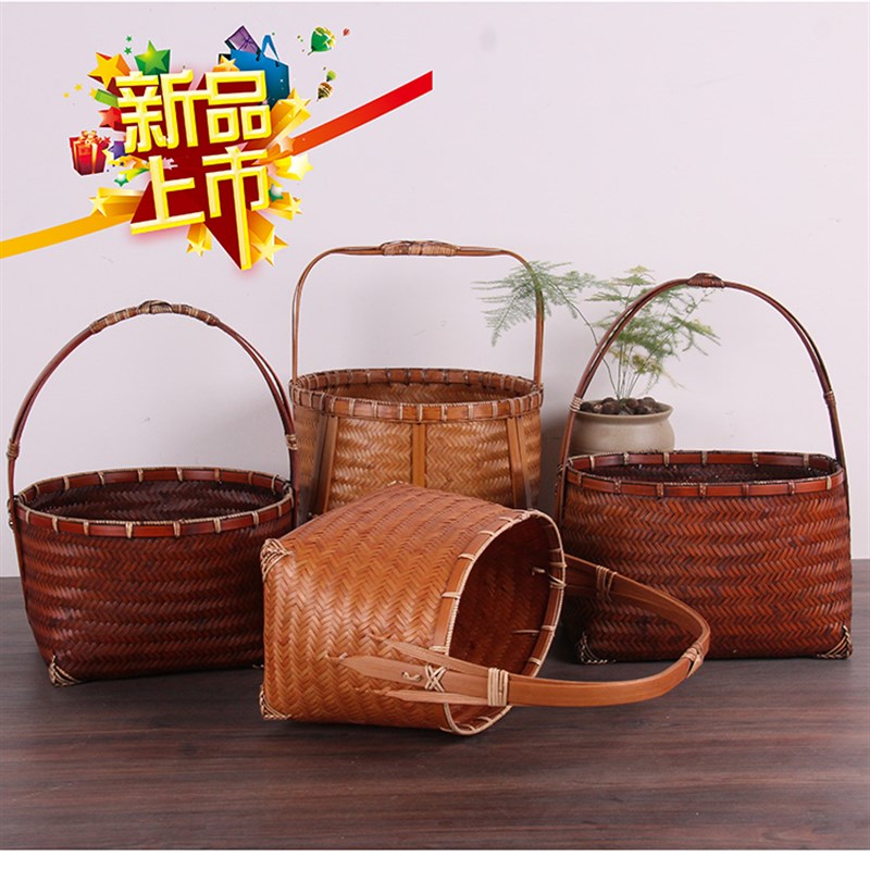 竹编提篮 手提篮子 竹筐收纳篮 复古做旧茶具收纳 竹编包 竹制品