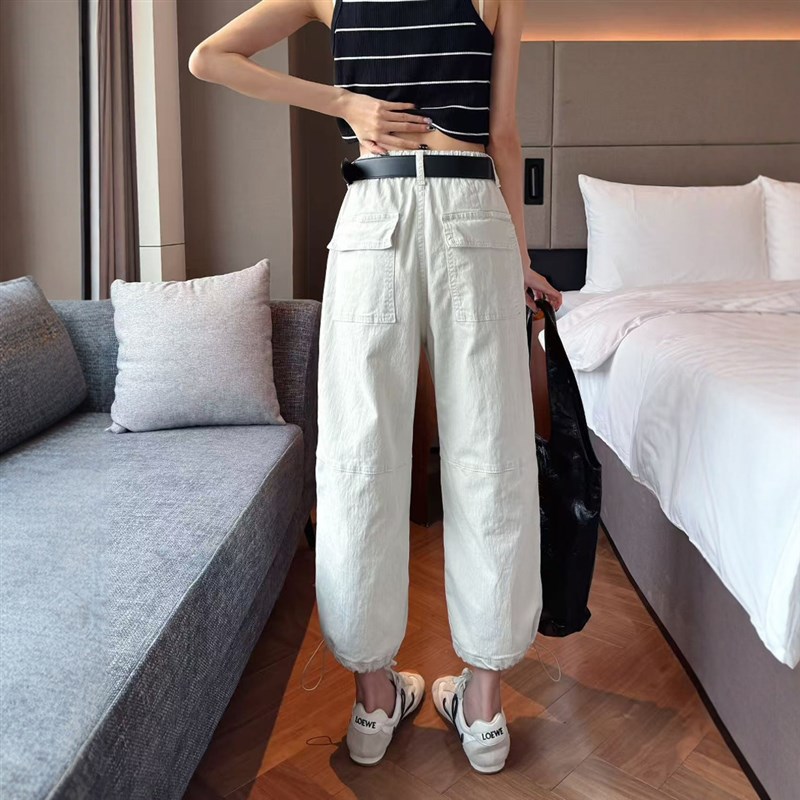 2025夏季超薄阔腿牛仔工装裤女薄款八分小个子抽绳休闲裤子奶奶裤
