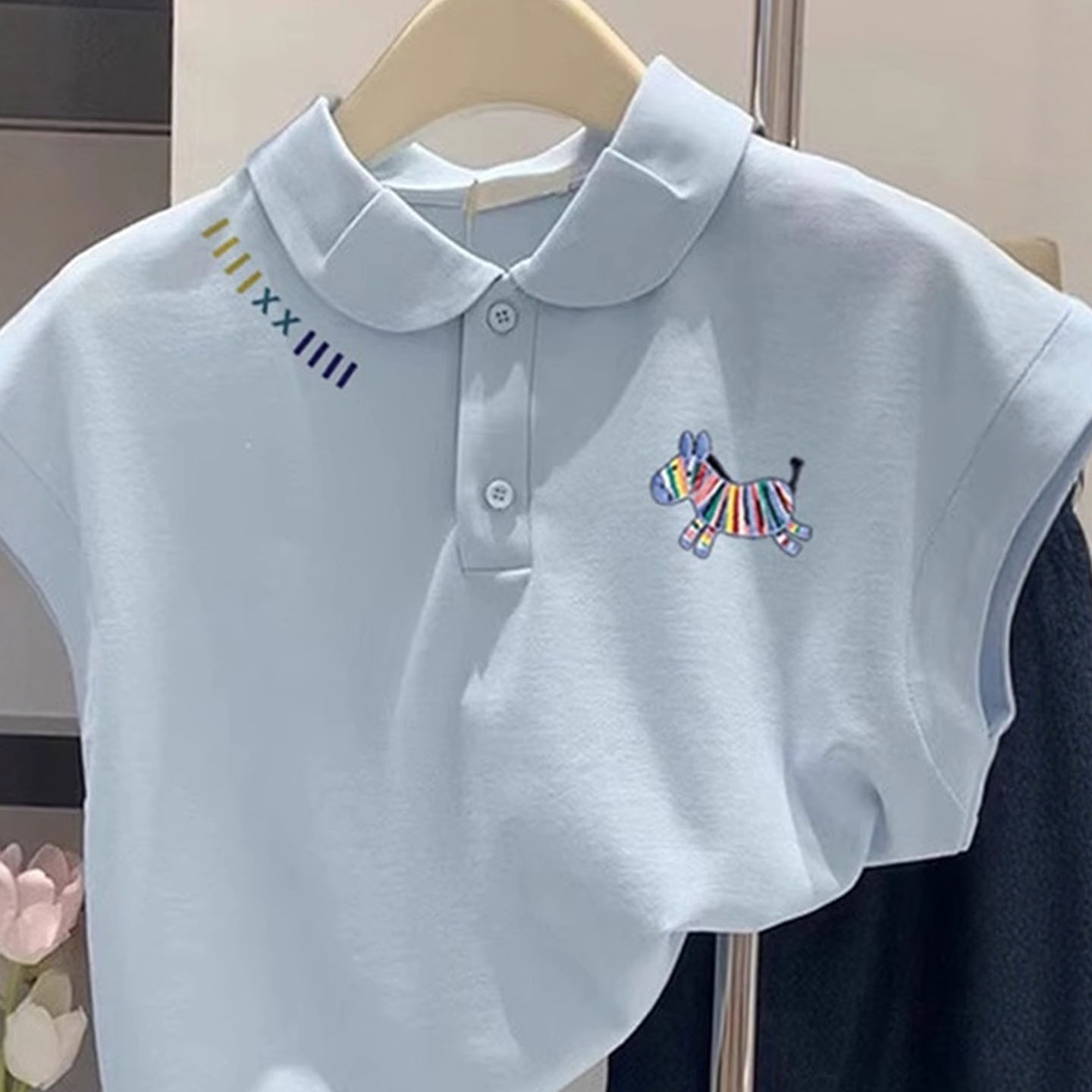 韩系蓝色彩虹小马polo衫正肩t恤女夏多巴胺独特漂亮小飞袖上衣