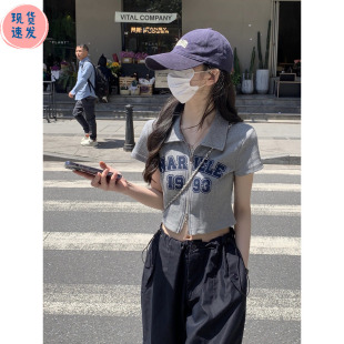 小衫 独特设计感夏季 t恤女字母短款 美式 上衣 高街双拉链polo领短袖
