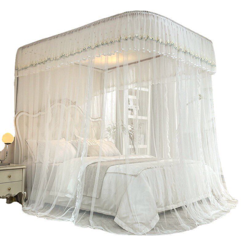 U型导轨蚊帐三开门蕾丝绣花宫廷落地轨道1.8床帘家用合金支架