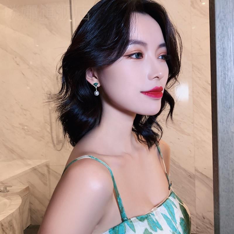 diyS925银针镶色孔雀石古扇绿形珍珠耳环耳钉优雅气质韩钻国