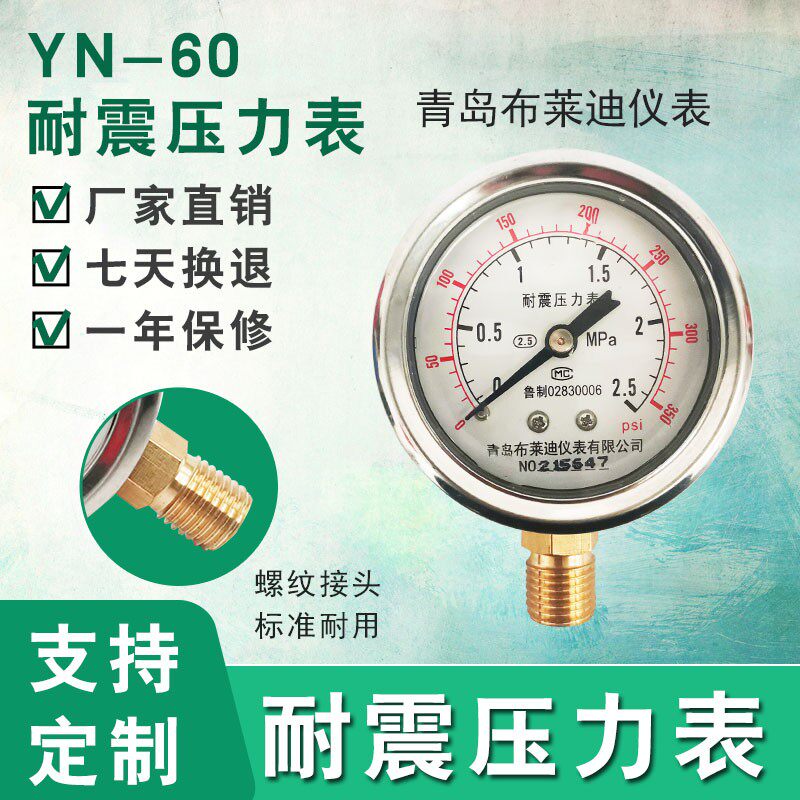 耐震抗震防震压力表YN-60充油压力表液压表耐震真空表青岛布莱迪