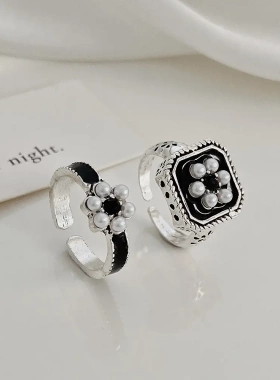 复形滴油珍珠戒指套装ins时尚轻奢做旧花朵几何开口戒指2件套