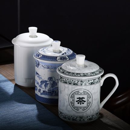 大容量青花老板杯景德镇陶瓷带盖茶杯办公杯家用喝水杯会议杯茶具