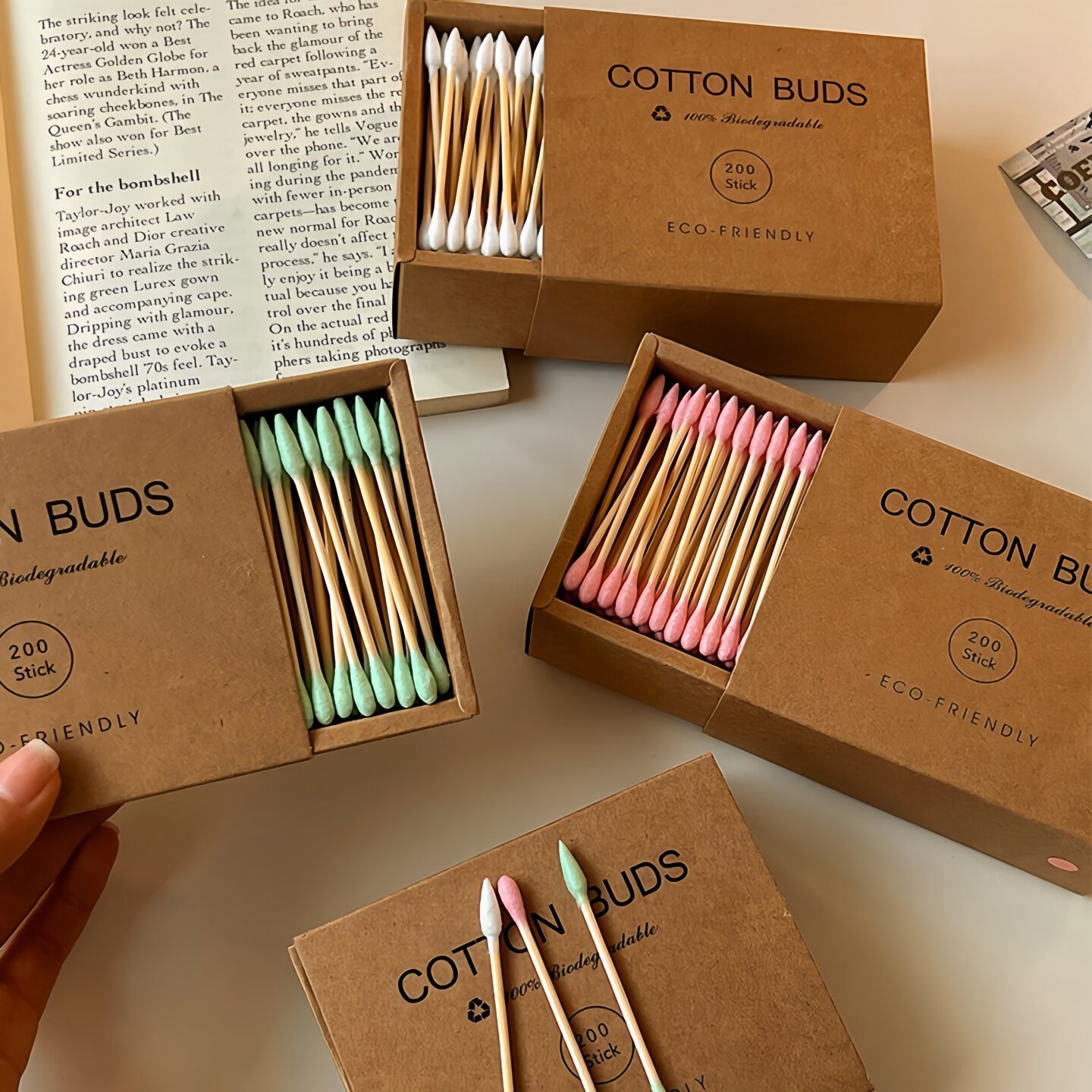 200支装~牛皮纸盒化妆棉签环保竹木清洁卸妆掏耳朵专用双头棉花棒