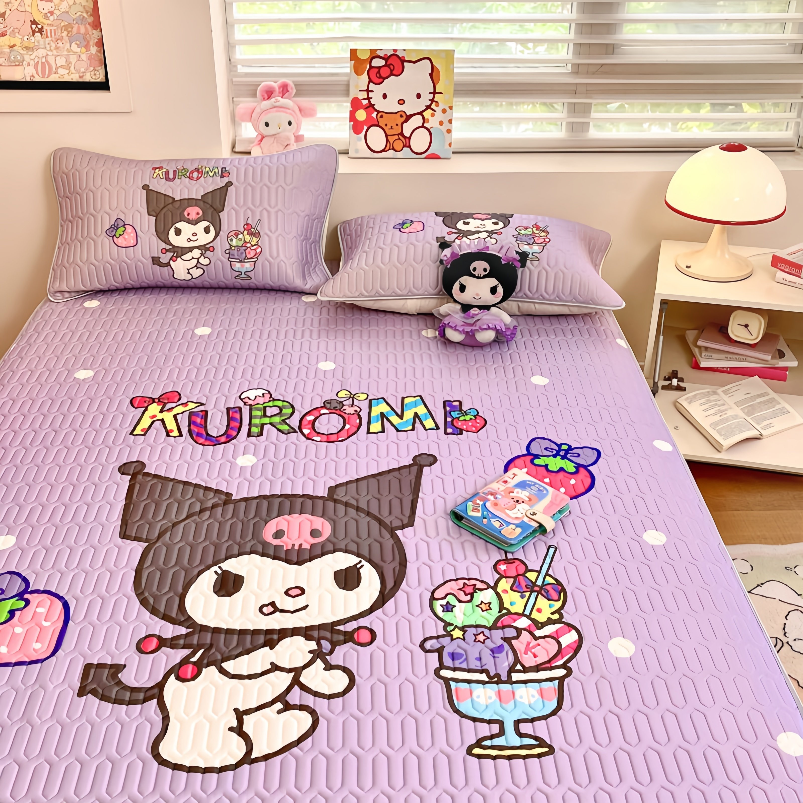 库洛米儿童冰丝凉席三件套可折叠可水洗夏天凉感垫子学生宿舍凉席