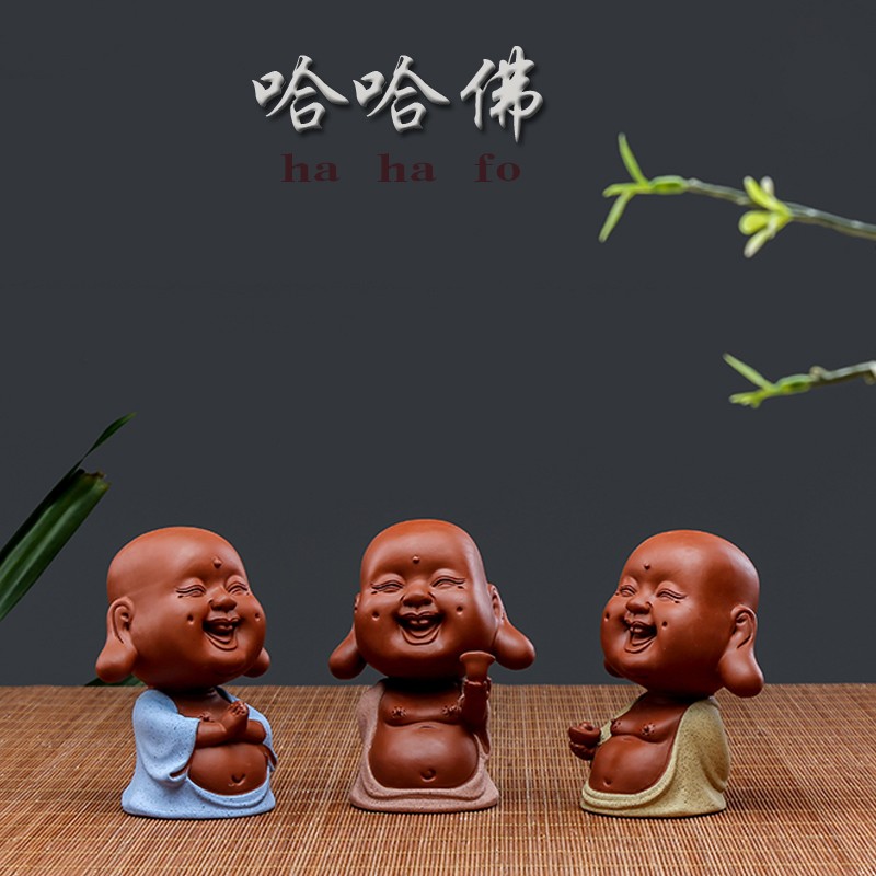 精品紫砂可爱小和尚茶宠配件车载陶瓷哈哈佛三小沙弥家居饰品摆件
