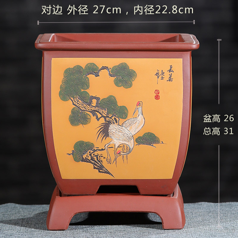 四方精品紫砂花盆特大盆景盆宜兴紫砂盆兰花盆松鹤长春客厅大花盆