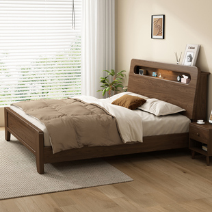 胡桃木床1米8双人床家用卧室大床1米5可置物床单人床中古风实木床