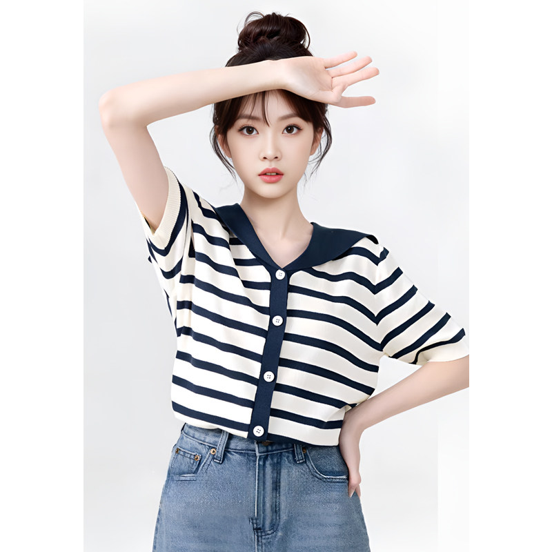 ASY/2026春季新款条纹针织衫【小个子】翻领海军风短袖上衣