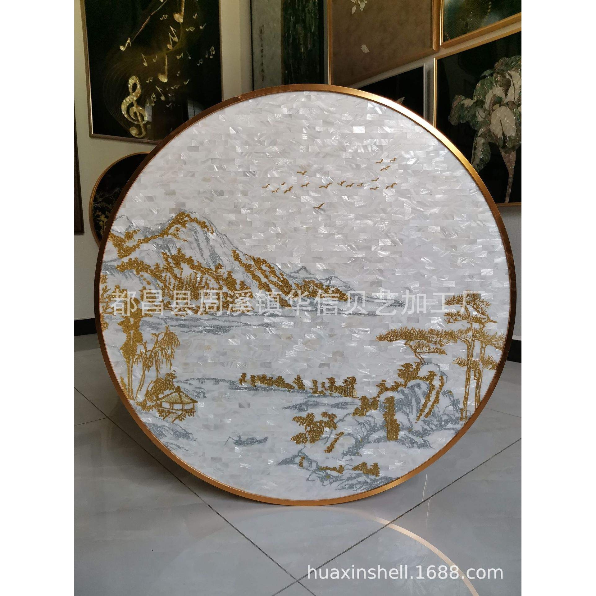 新中式圆形纯手工贝壳装饰画玄关装饰画客厅沙发金山富水背景画图片