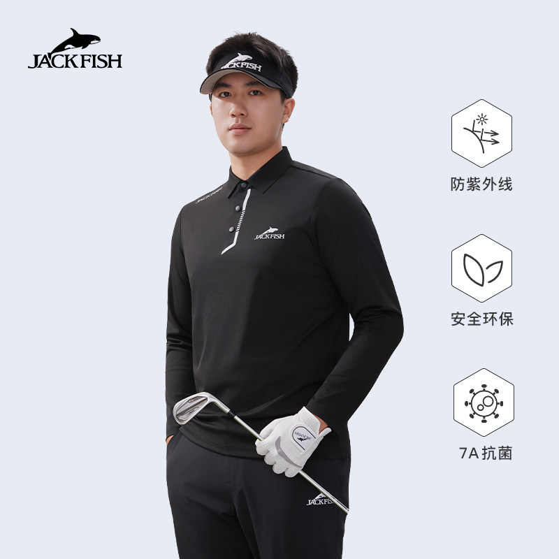 JACKFISH杰克鱼高尔夫男士7A抗菌运动防紫外线长袖翻领POLO衫19M