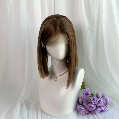 米娜·小薇假发亚麻灰棕一刀切短发女全头套前额蕾丝高温丝日常