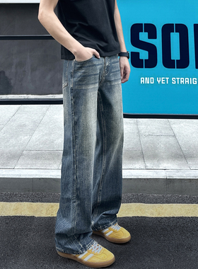 QUALCOMM美式复古蓝闪电纹直筒牛仔裤男秋冬cleanfit显瘦微喇长裤