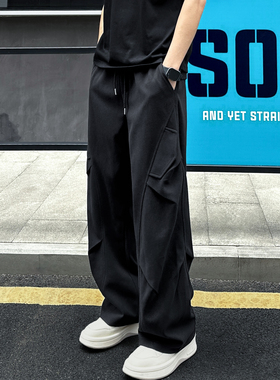QUALCOMM美式潮流工装风黑色休闲裤秋冬男立体剪裁设计呢料阔腿裤