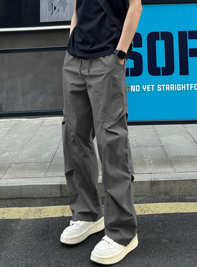 QUALCOMM秋冬新款速干裤男女同款潮流皱伞兵工装休闲裤宽松直筒裤