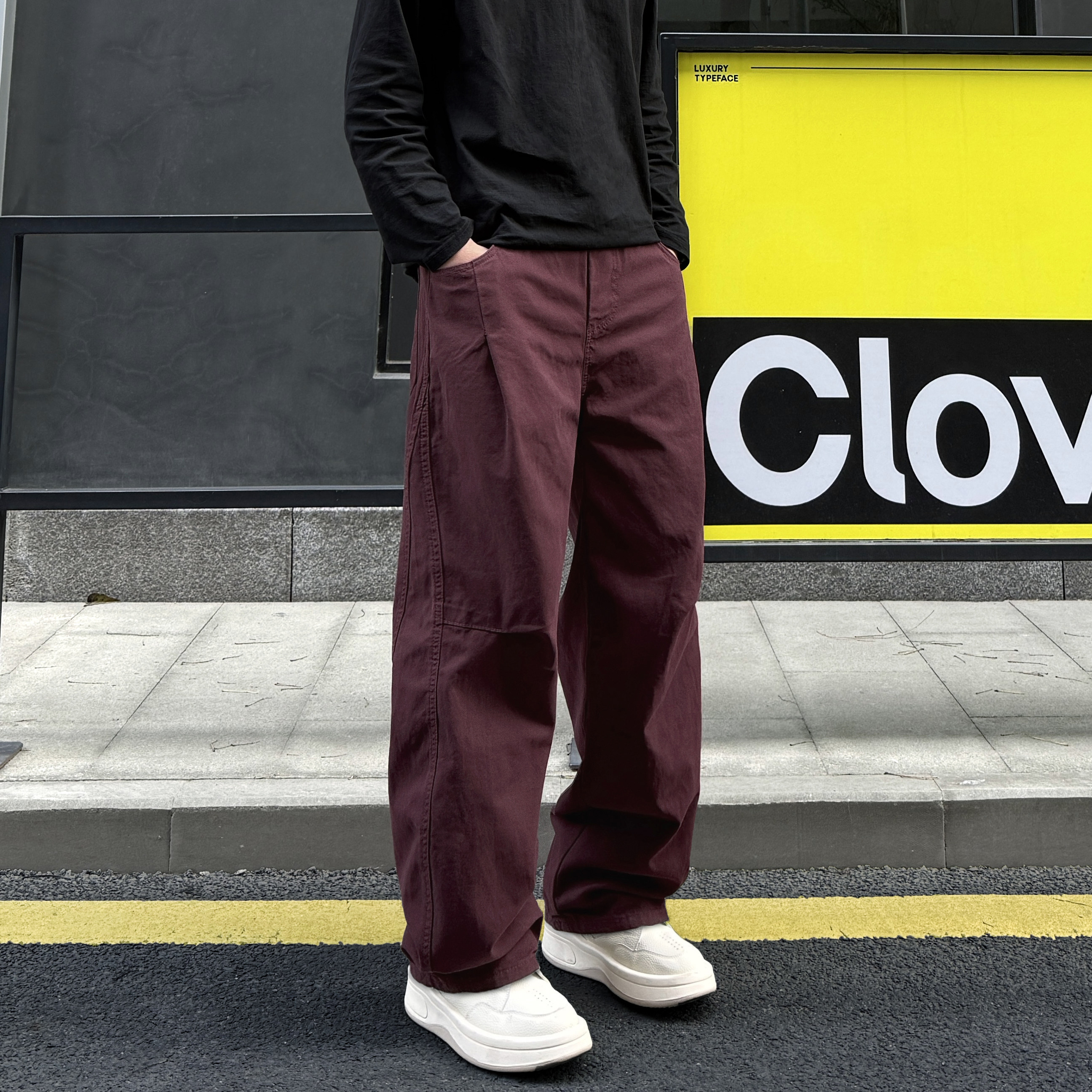 QUALCOMM秋冬新款酒红色解构弯刀阔腿休闲裤男士潮流高级感阔腿裤,男装,休闲裤,淘宝优惠券,粉丝福利购,淘宝优惠卷