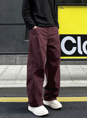 QUALCOMM秋冬新款酒红色解构弯刀阔腿休闲裤男士潮流高级感阔腿裤