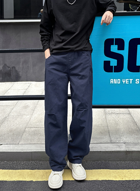 QUALCOMM秋冬美式cleanfit百搭褶皱拼接休闲裤男宝蓝色宽松伞兵裤