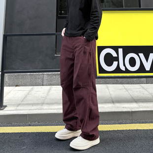 复古百搭高街潮牌痞帅阔腿长裤 男款 酒红色直筒休闲裤 QUALCOMM美式