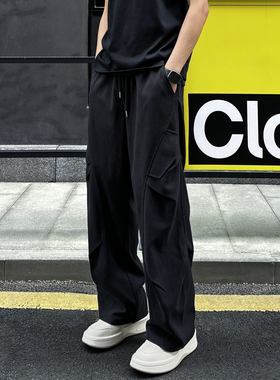 QUALCOMM美式复古百搭黑色休闲裤男秋冬新款阔腿版型直筒工装长裤