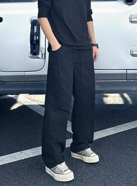 QUALCOMM秋冬季潮牌复古褶皱弯刀裤男款黑色高街宽松百搭休闲长裤