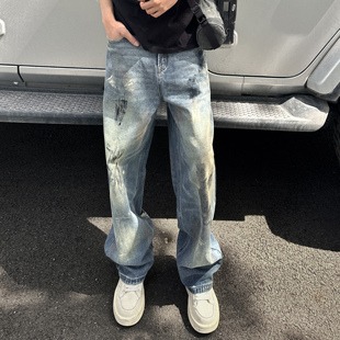 QUALCOMM美式复古宽松牛仔裤男款春夏潮流扎染阔腿脏脏裤直筒长裤