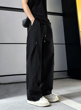 QUALCOMM黑色美式拼接垂感显瘦束脚休闲长裤男士秋季百搭压褶长裤