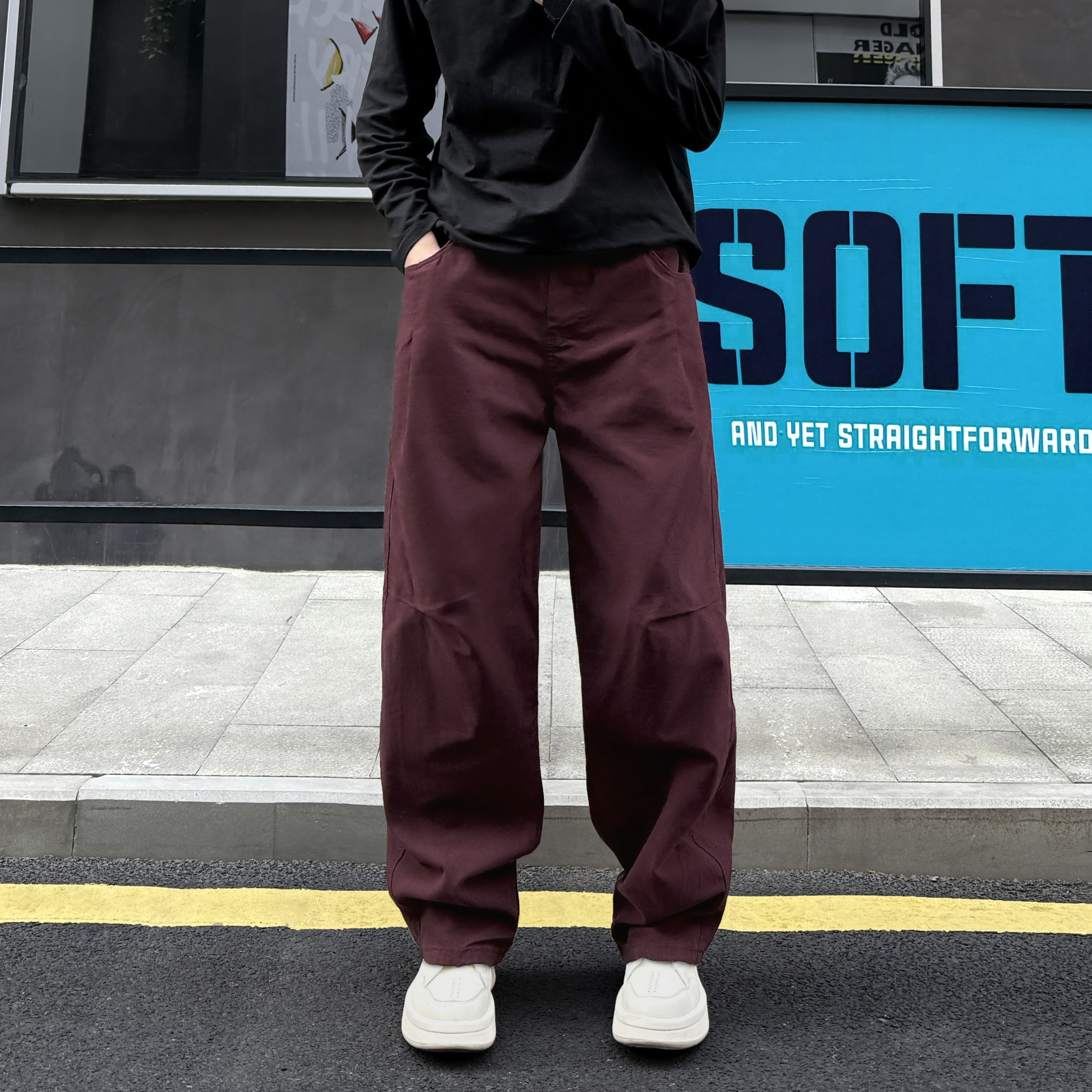 QUALCOMM潮流酒红色休闲裤男女款秋冬百搭宽松阔腿工装裤直筒长裤,男装,休闲裤,淘宝优惠券,粉丝福利购,淘宝优惠卷