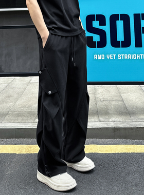 QUALCOMM秋季新款黑色褶皱直筒裤男复古美式潮流百搭星空呢休闲裤