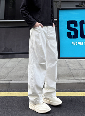 QUALCOMM美式潮牌拼接工装休闲裤男秋冬白色加厚慵懒风阔腿直筒裤