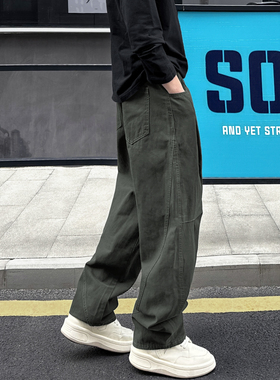 QUALCOMM复古军绿色休闲工装裤男秋冬季加绒解构直筒阔腿休闲裤子