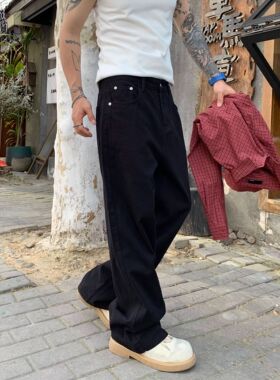 QUALCOMM美式vibe牛仔裤男秋冬季高街直筒简约黑色复古宽松拖地裤