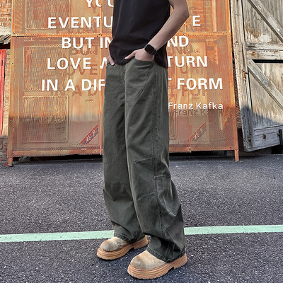 QUALCOMM秋季新款阔腿弯刀裤直筒休闲裤男女同款美式复古工装裤子