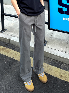 QUALCOMM灰色基础斜切百搭休闲裤男款秋冬显高显瘦微喇工装长裤子