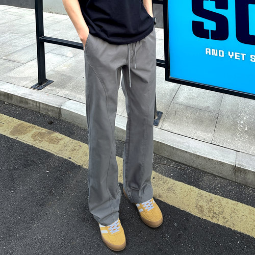 灰色基础斜切微喇休闲裤