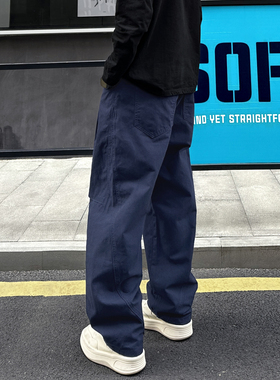 QUALCOMM宝蓝色美式褶皱工装裤男款秋冬新款宽松阔腿伞兵休闲裤子