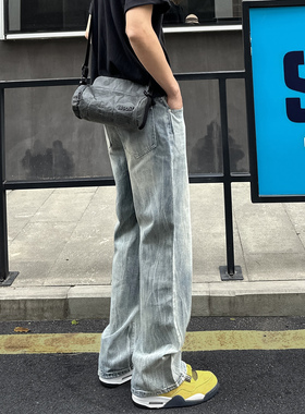 QUALCOMM美式高街竹节纹微喇直筒牛仔裤男秋冬cleanfit百搭拖地裤