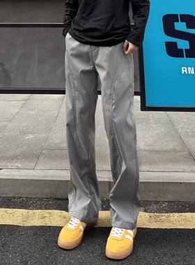 QUALCOMM潮牌美式工装裤男女秋冬新款斜切裤宽松直筒休闲微喇裤子