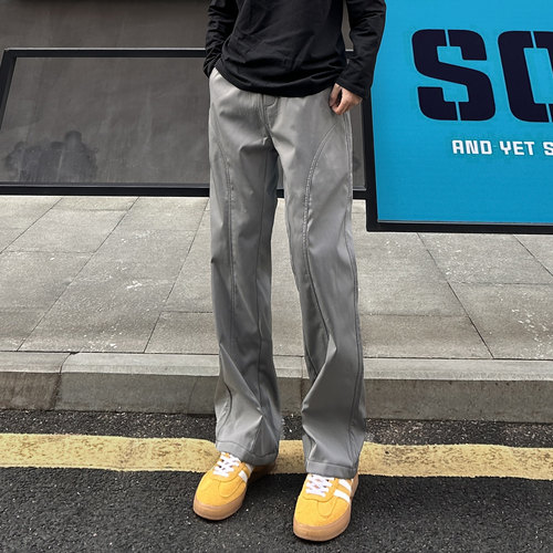 QUALCOMM潮牌美式工装裤男女秋冬新款斜切裤宽松直筒休闲微喇裤子