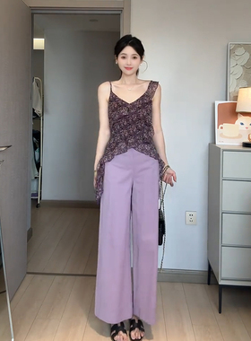 向晚意studio名媛纯欲套装时尚飘带碎花吊带上衣女紫色休闲长裤