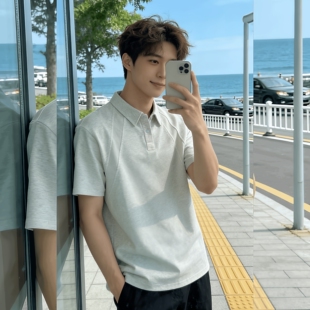 夏季 男款 boxy版 型T恤美式 上衣潮流 白花灰polo衫 正肩翻领半袖 短袖